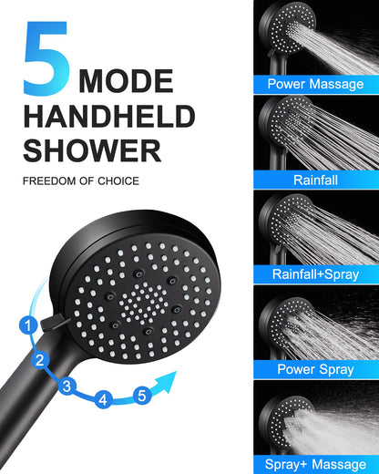 FLG Matte Black Bathroom Stainless Steel Shower Hot and Cold  in High Pressure Rainfall Wall Mount Concealed Shower Set