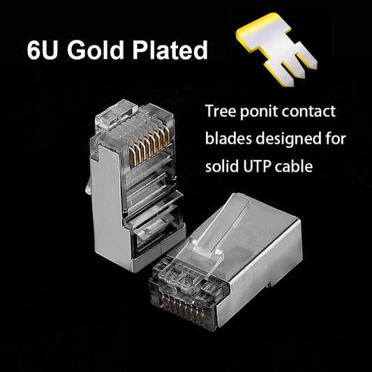 OULLX 6U RJ45 Connector Cat6 Jack FTP Gold Plated Pass Through Ethernet Cables Network RJ-45 Plug Cat5 Cat5e STP Shielded