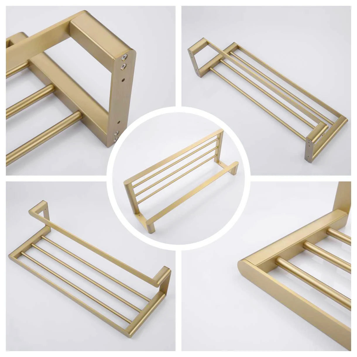 Brushed Gold Bathroom Accessories Stainless Steel in Wall Mounted Bath square Towel Holder Shelf with Towel bar Hanger Hardware