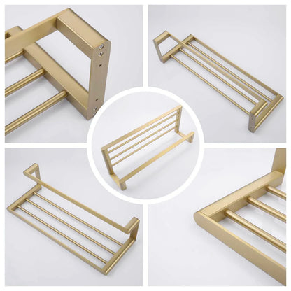 Brushed Gold Bathroom Accessories Stainless Steel in Wall Mounted Bath square Towel Holder Shelf with Towel bar Hanger Hardware