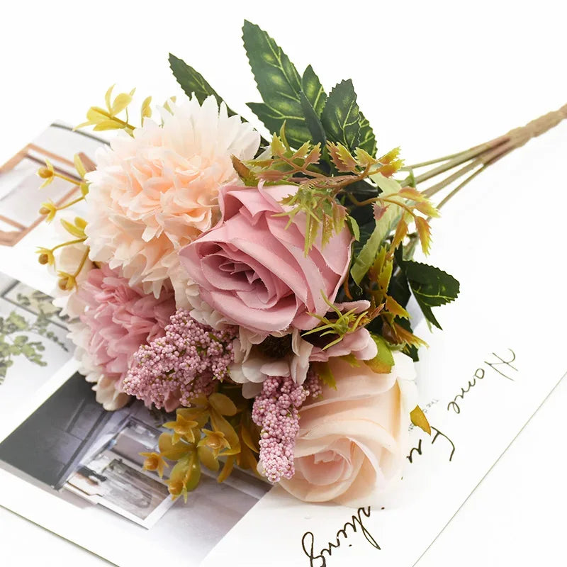 1 Bunch Rose Chrysanthemum Combination Bouquet High Quality Artificial Flowers Home Decor Autumn Decoration Diy Wedding Festival