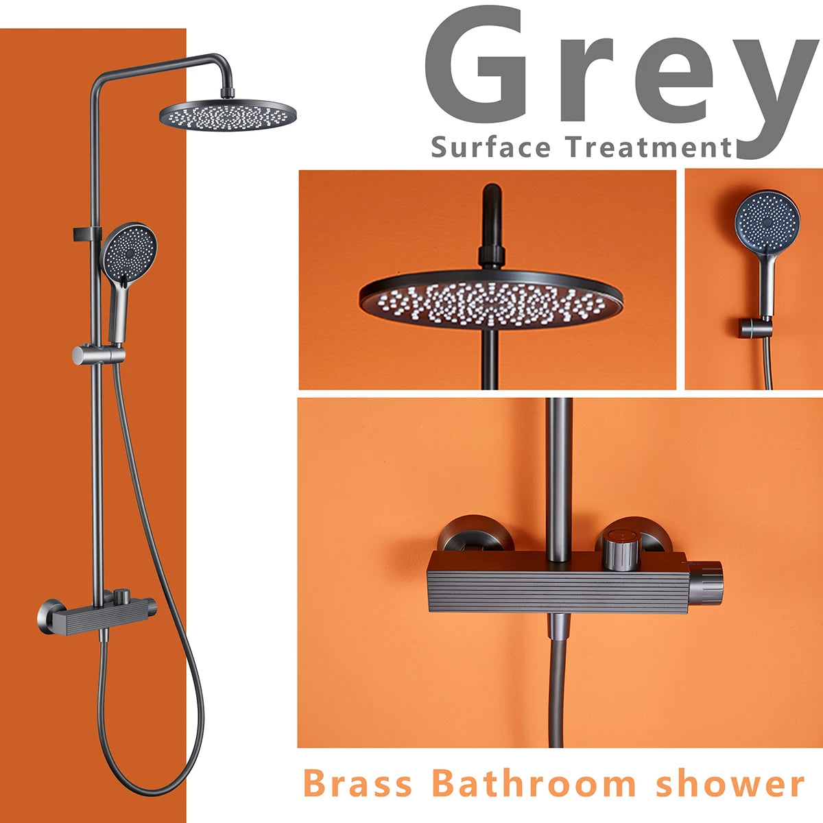 European Italian Style Square Bathroom Exposed Thermostatic Bar Grey Brass Shower Faucet Bath Shower Mixer Tap Taps Kits
