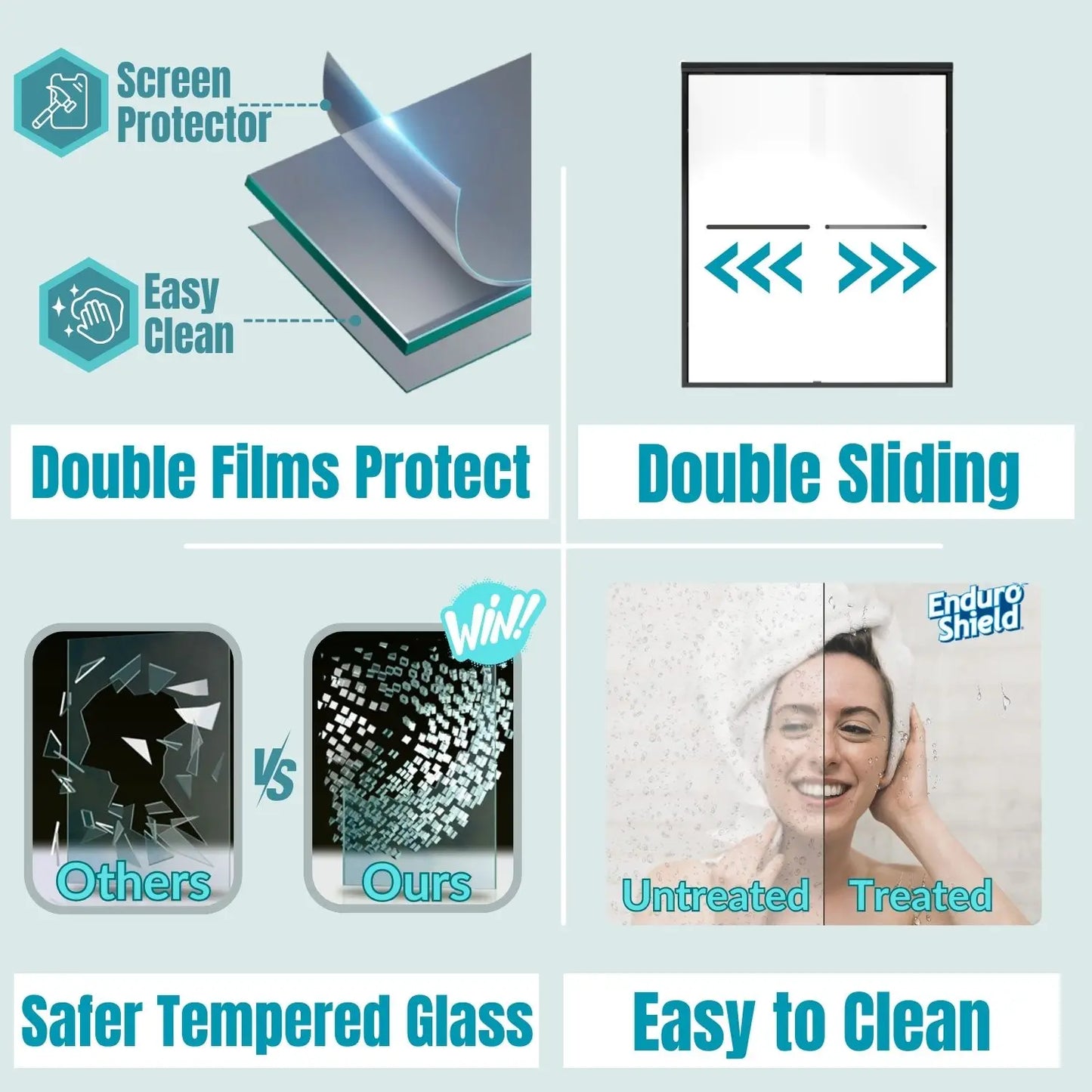 Tempered Glass Shower Door, Double Handle Design, Leak-Proof & Easy to Clean
