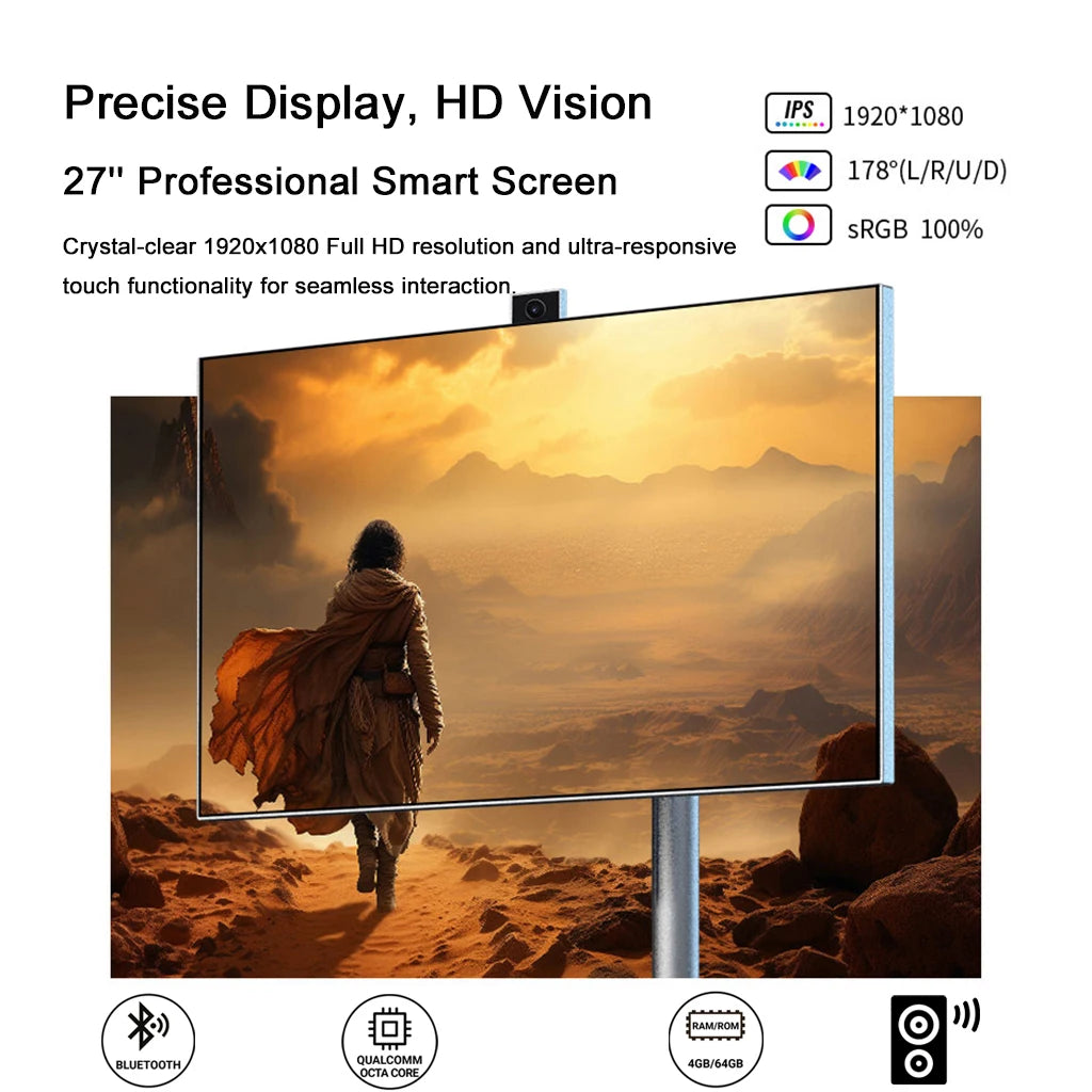2025 Trend 27-Inch Touch Screen LED Display Portable 32-Inch HD Smart TV with 4G+64G Movable Stand Mobile Smart Television