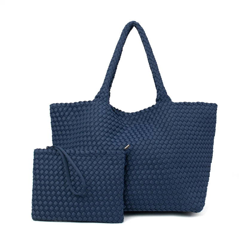 2 Pcs Set Fashion Casual Shoulder Waterproof Lady Woven Purse Hobo Women Neoprene Tote Bag Large Capacity Patchwork Handbag