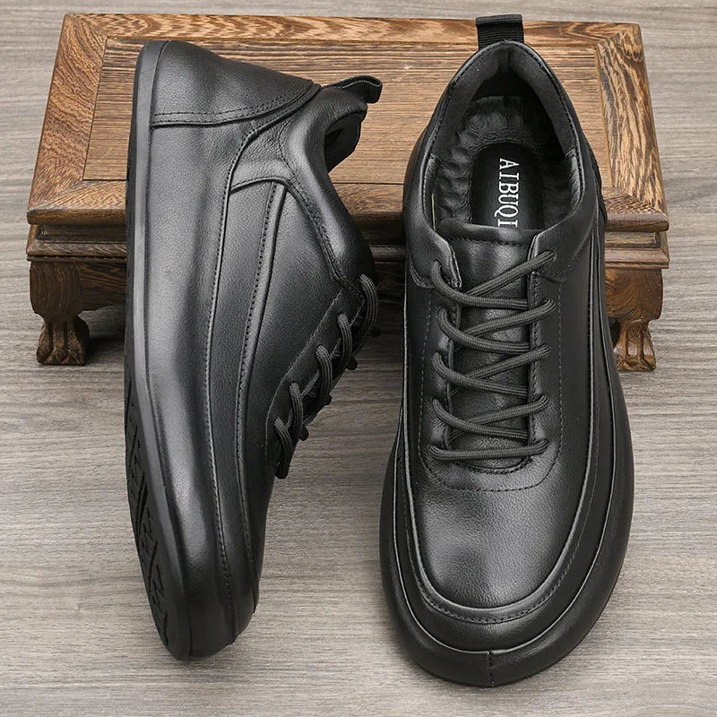 Genuine Leather Men's Casual Shoes Round Toe Lace Up Anti Slip Platform Rubber Sole All Seasons Chunky Shoes