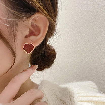 Rose Gold Plated Heart Stud Earrings For Women Alloy Fashion Jewelry Gift Red Color
