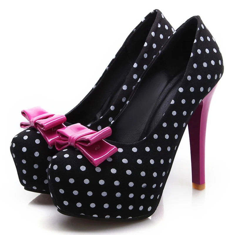 Voesnees New Sweet Bow Stiletto Pumps Polka Dot Pattern Comfortable Waterproof Platform Women Shoes 12CM High-Heel Single Shoes