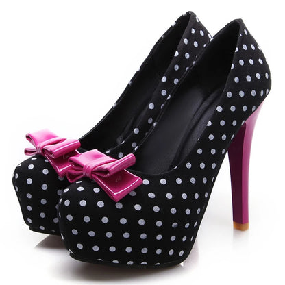 Voesnees New Sweet Bow Stiletto Pumps Polka Dot Pattern Comfortable Waterproof Platform Women Shoes 12CM High-Heel Single Shoes