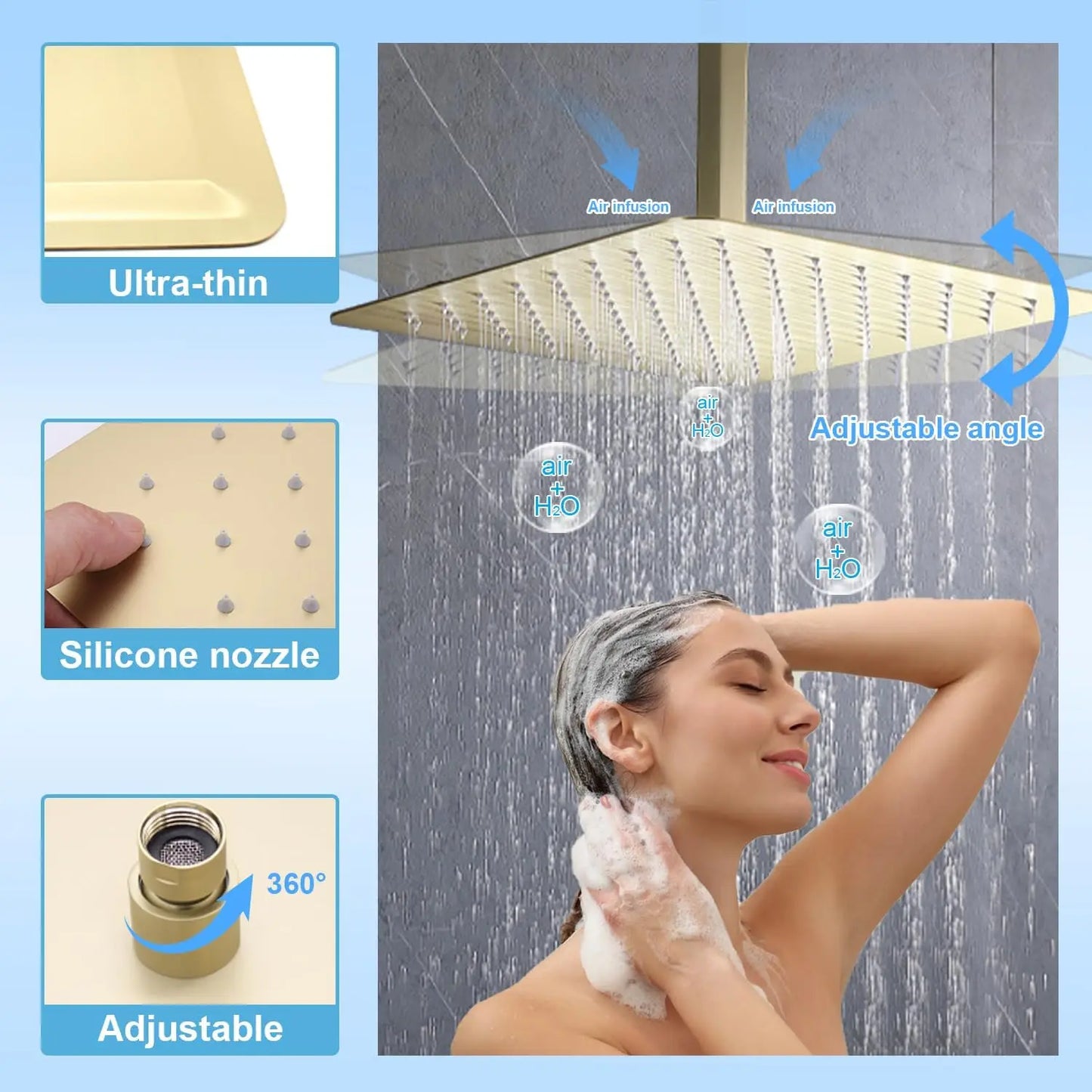 Brushed Gold Concealed Shower Mixer Set 16 Inch Ceiling Mounted Rain Shower System Rainfall Stainless Steel Shower Head