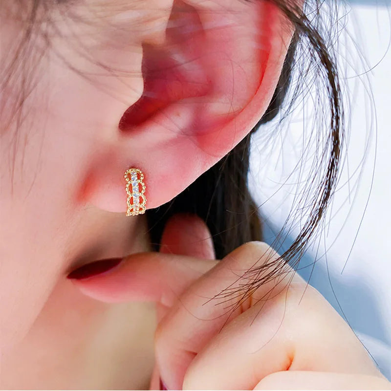 Golden Huggie Earrings With Crystal Channel Setting For Women Fashion Geometric Everyday Wear 18K Gold Plated Zinc Alloy