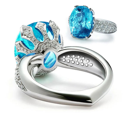 F506 Women's White Gold Diamond Ring Oval Cut Natural G Color Engagement Jewelry Main Stone Blue Topaz Side Diamonds