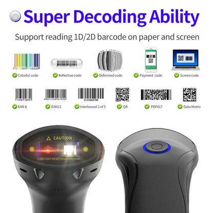 2D Wireless Barcode Scanner Cordless Automatic Scan Window Handheld Bar Code Reader for Retail Warehouse Inventory Tracking