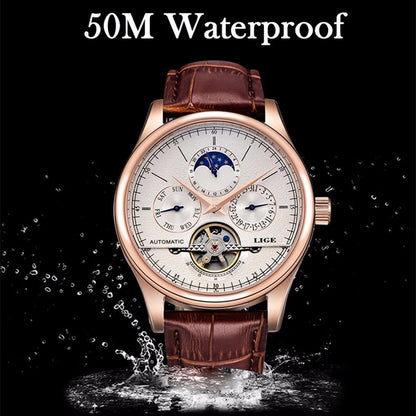 LIGE LG6826 Mens Watches Automatic Mechanical Watch Tourbillon Clock Leather Brown Casual Business Watches Men with Gift Box