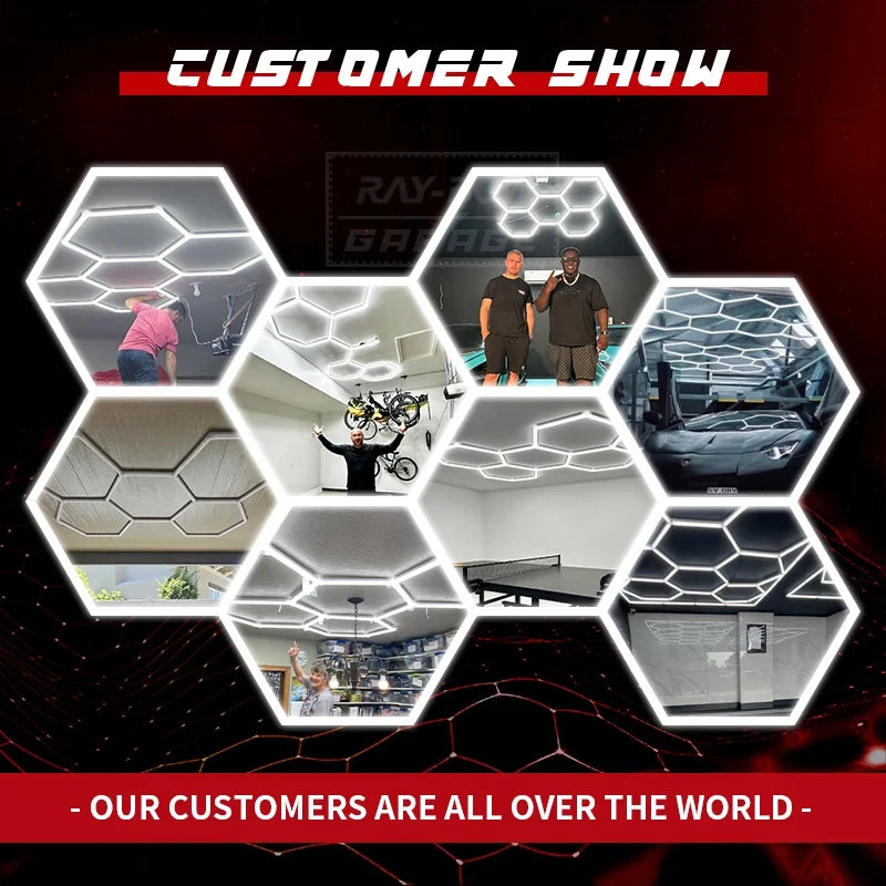 Customized 14 Grids Car Detailing Workshop Honeycomb Hexagonal Led Garage Light Car Wash Ceiling Led Light