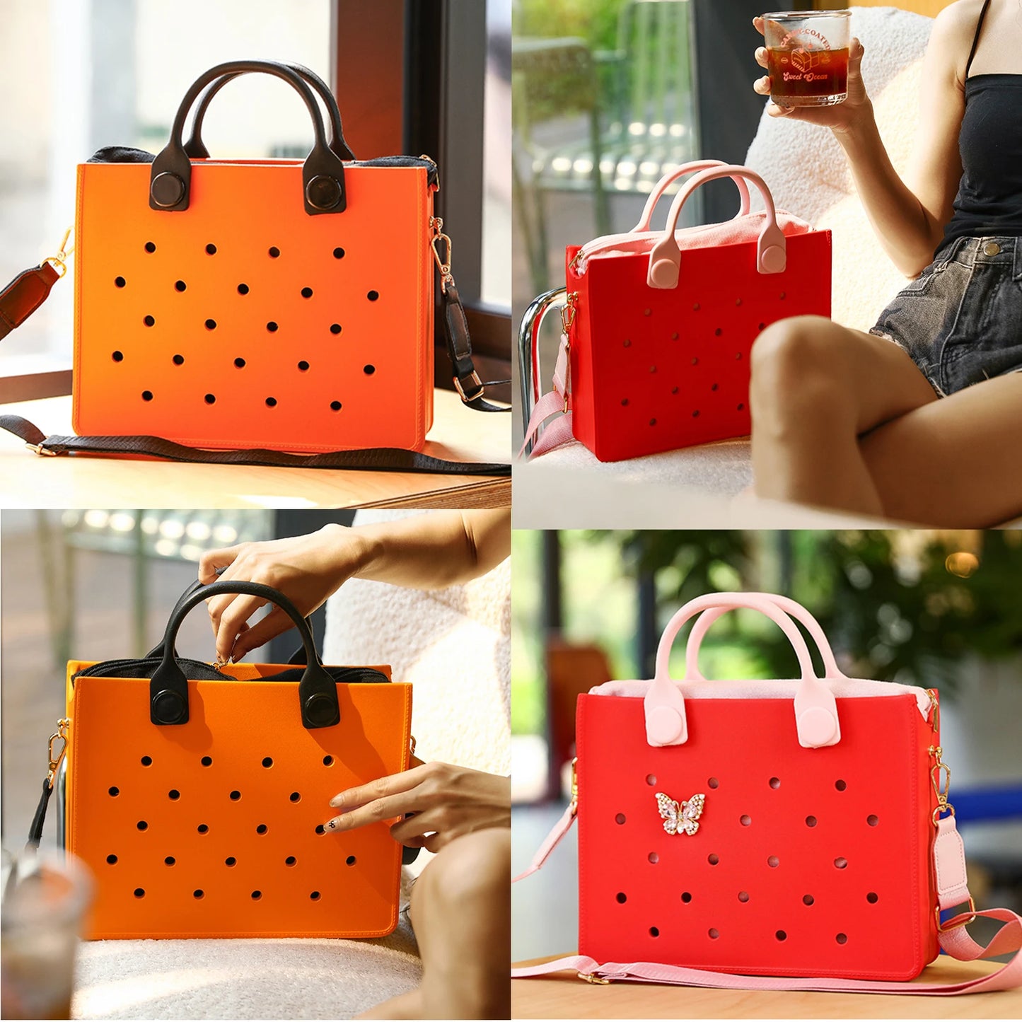 Lightweight Perforated Reusable EVA Handbag Black Women's Tote Bags for Women & Girl with Shoulder Strap for Beach & College