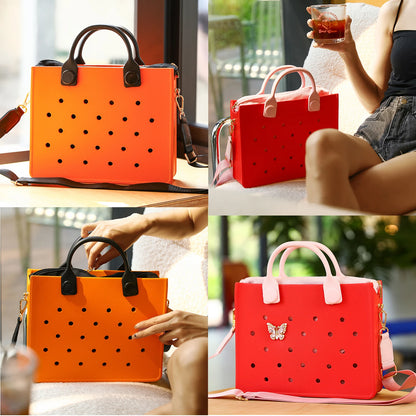 Lightweight Perforated Reusable EVA Handbag Black Women's Tote Bags for Women & Girl with Shoulder Strap for Beach & College