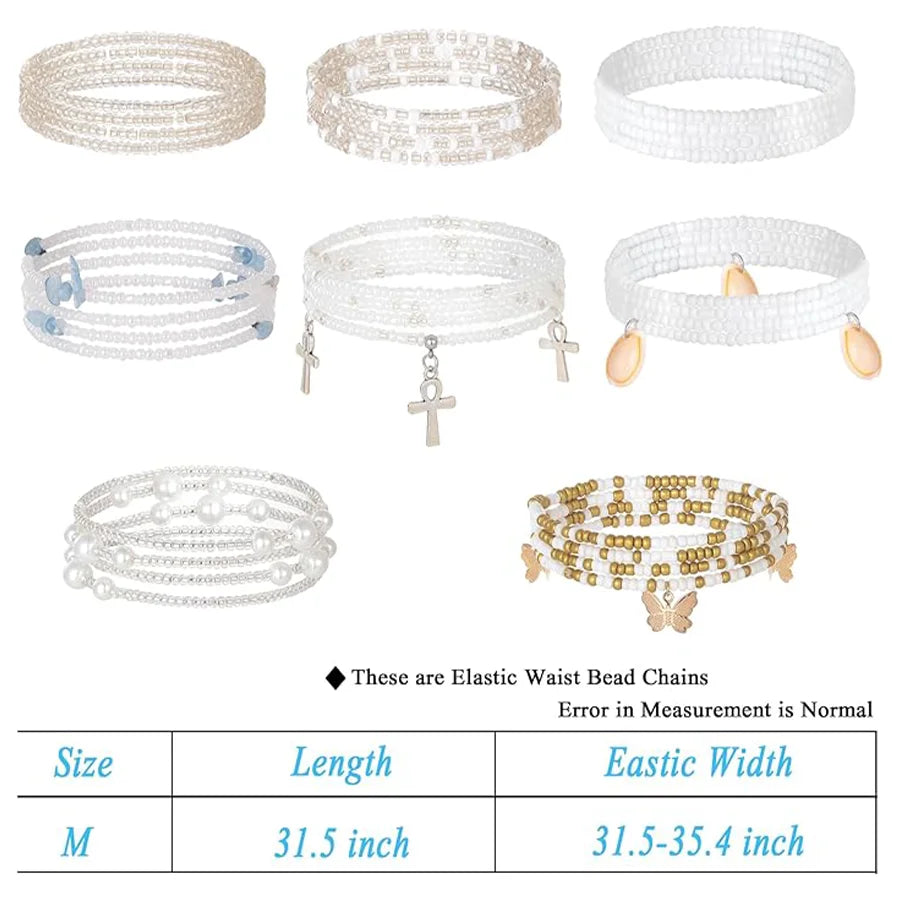 8Pcs 31.5 Inches Waist Bead Chain Elastic Belly Beads Butterfly Layered Body Chain Colorful Jewelry Accessories for Women