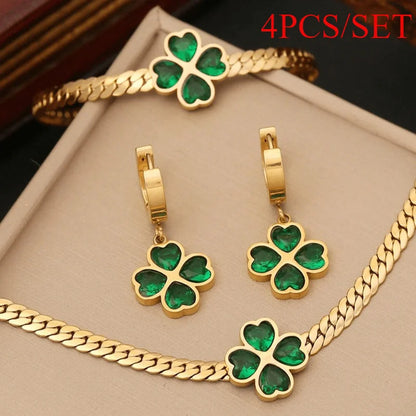 Green 1set Heart Cubic & Flower Shaped Stainless Steel Jewelry Set for Women, 3pcs Including Necklace, Bracelet and Earrings