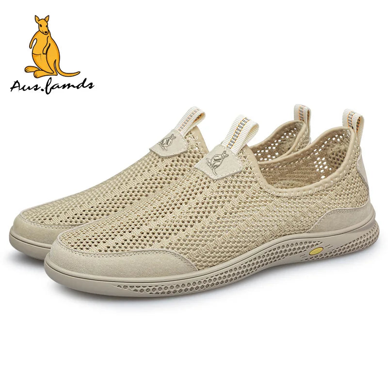 Lightweight Men's Kangaroo Logo Pigskin Leather Casual Sport Slip-On Running Shoes Breathable Soft Fabric Summer Walking Sandals