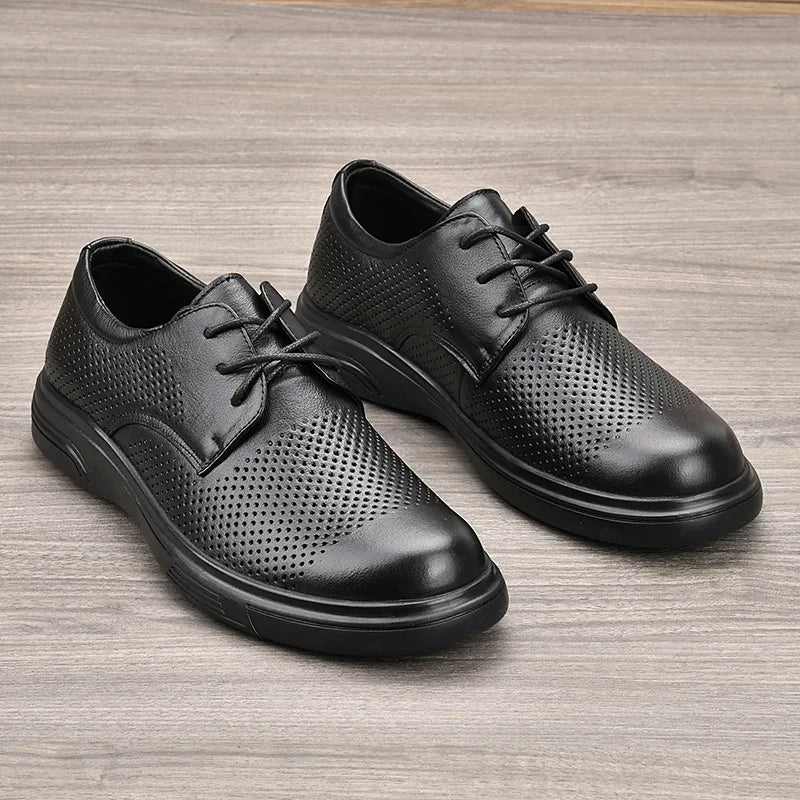 Men Summer Breathable Cow Leather Lace-up Round Toe Boat Shoes Solid Color Rubber Outsole EVA Midsole
