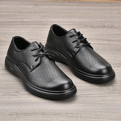 Men Summer Breathable Cow Leather Lace-up Round Toe Boat Shoes Solid Color Rubber Outsole EVA Midsole