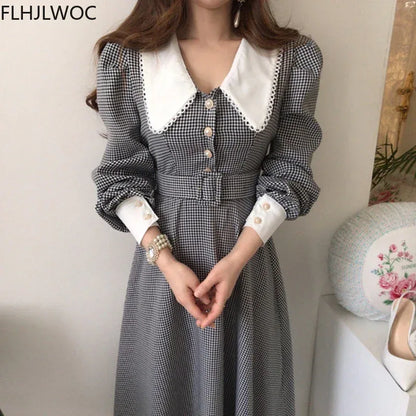 2021 Autumn Spring Basic Belt Plaid Shirt Dress Long Maxi Feminine Vestidos Chic Korea Design Clothes