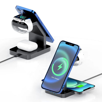 3 in 1 Magnetic Wireless Fast Charging Stand with QC3.0 for iPhone 12-17 Type-C for Earphone/IWatch