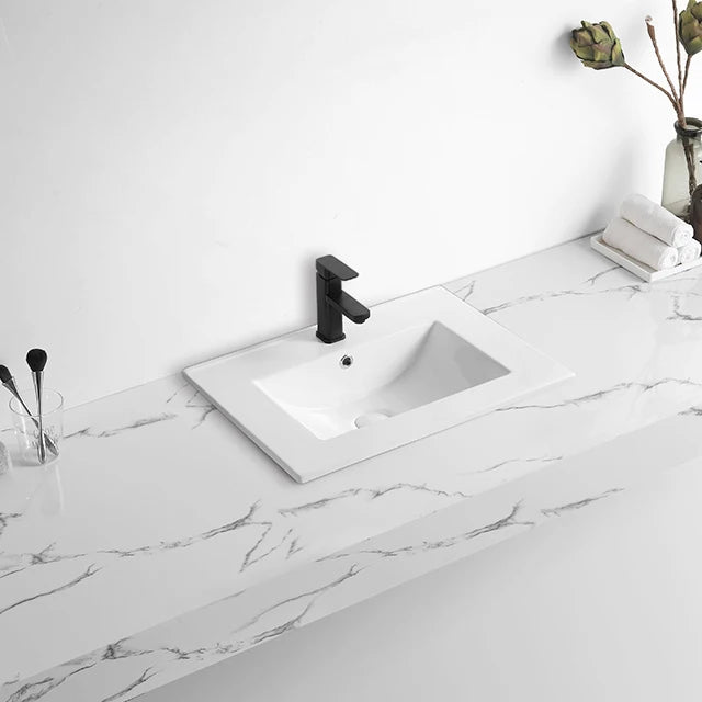 Modern 500mm Integrated White Ceramic Rectangular Top Vanity Bathroom Sink Joystick Handle Single-Hole Stone Thin Edge Basin