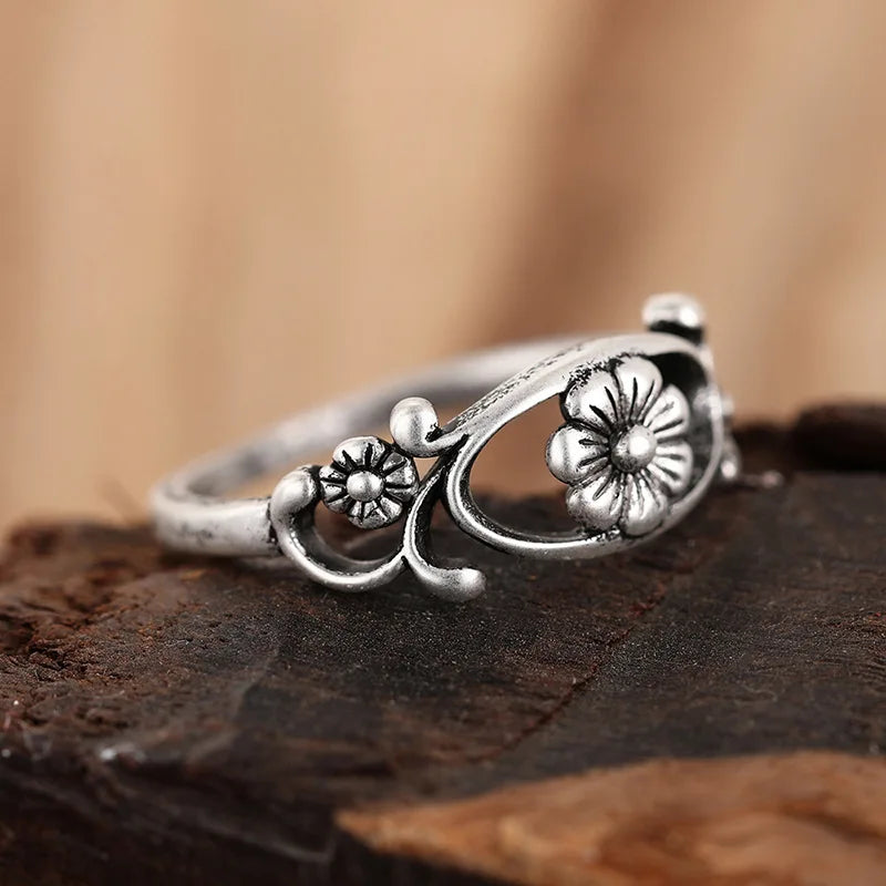 T0278 Flower Pattern Alloy Ring Antique Silver Plated Unisex Fashion Gift for Women & Men