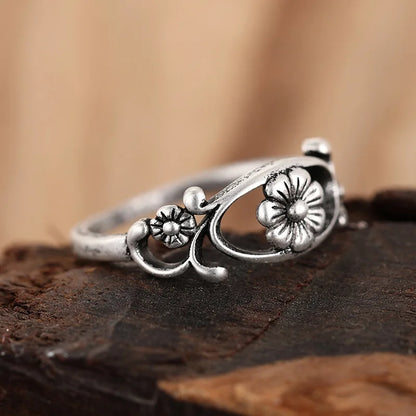 T0278 Flower Pattern Alloy Ring Antique Silver Plated Unisex Fashion Gift for Women & Men