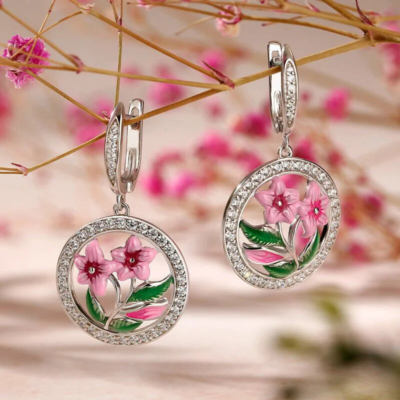 Romantic Flower Drop Earrings For Women Silver Plated Crystal Rhinestone Round Brilliant Cut Party Jewelry Fashion Dangle