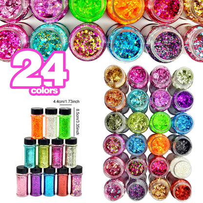 Hot Selling Solvent Resistance Mixed Chunky Glitter Bulk Nail Mugs Crafts Polyester Glitter in 2oz 24 Colors in Shaker