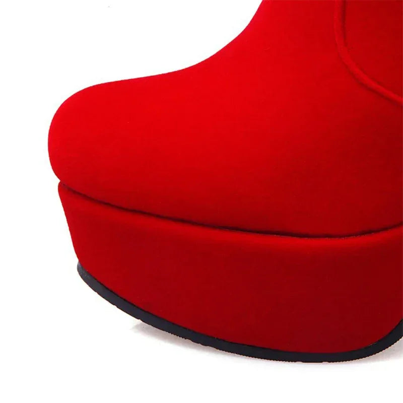 Winter Women Boots Christmas Ankle Boots High Heels Ladies Shoes Femme Warm Short Boots Red Black Shoes  Size 35-43