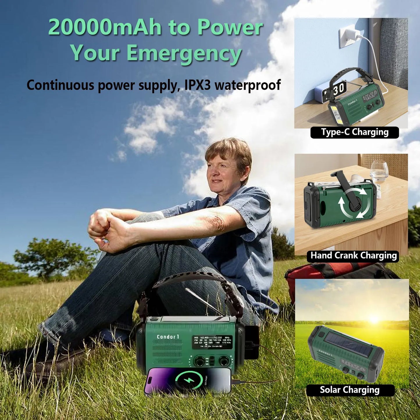 20000mAh Crank Radio, Emergency Radio, Solar Radio, NOAA/AM/FM Weather Radio, Torch & LED Reading Light, SOS Alarm, Compass