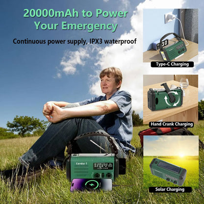 20000mAh Crank Radio, Emergency Radio, Solar Radio, NOAA/AM/FM Weather Radio, Torch & LED Reading Light, SOS Alarm, Compass