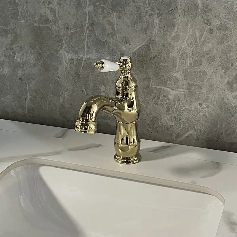 Brass French Retro Style Pull-Out Basin Faucet Hotel Bathroom Cabinet Ceramic Handle Hot and Cold Mixer Tap  BF0428