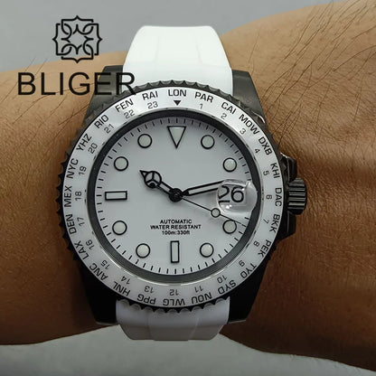 BLIGER 40mm NH35A Automatic Watch for Men White Ceramic Bezel Black  Case Green Luminous Date Magnified Rubber Strap