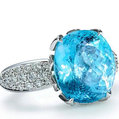 F506 Women's White Gold Diamond Ring Oval Cut Natural G Color Engagement Jewelry Main Stone Blue Topaz Side Diamonds
