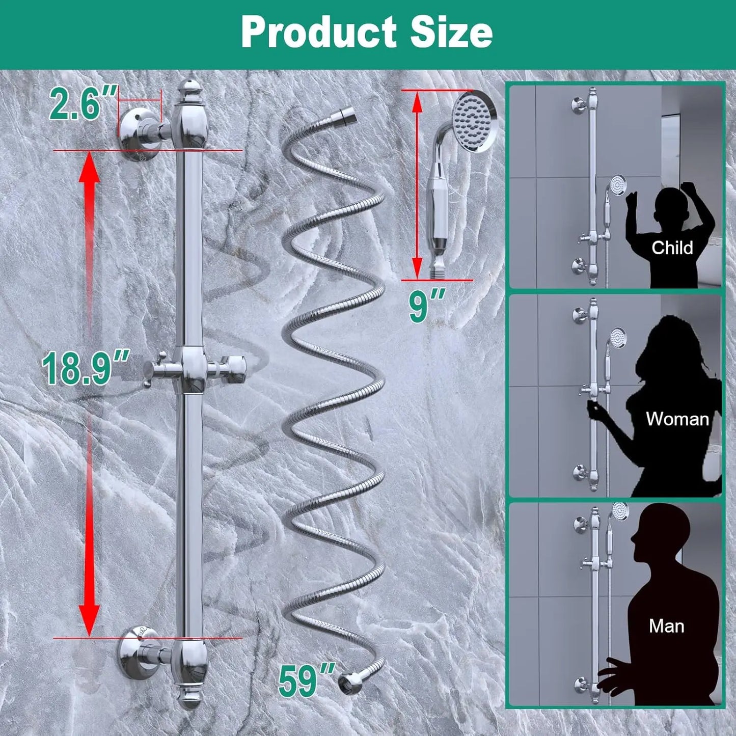 Polished Brass 59-Inch Retro Hand Shower Head Holder Adjustable Height Wall-Mounted Slide Bar for Handheld Shower Bathroom