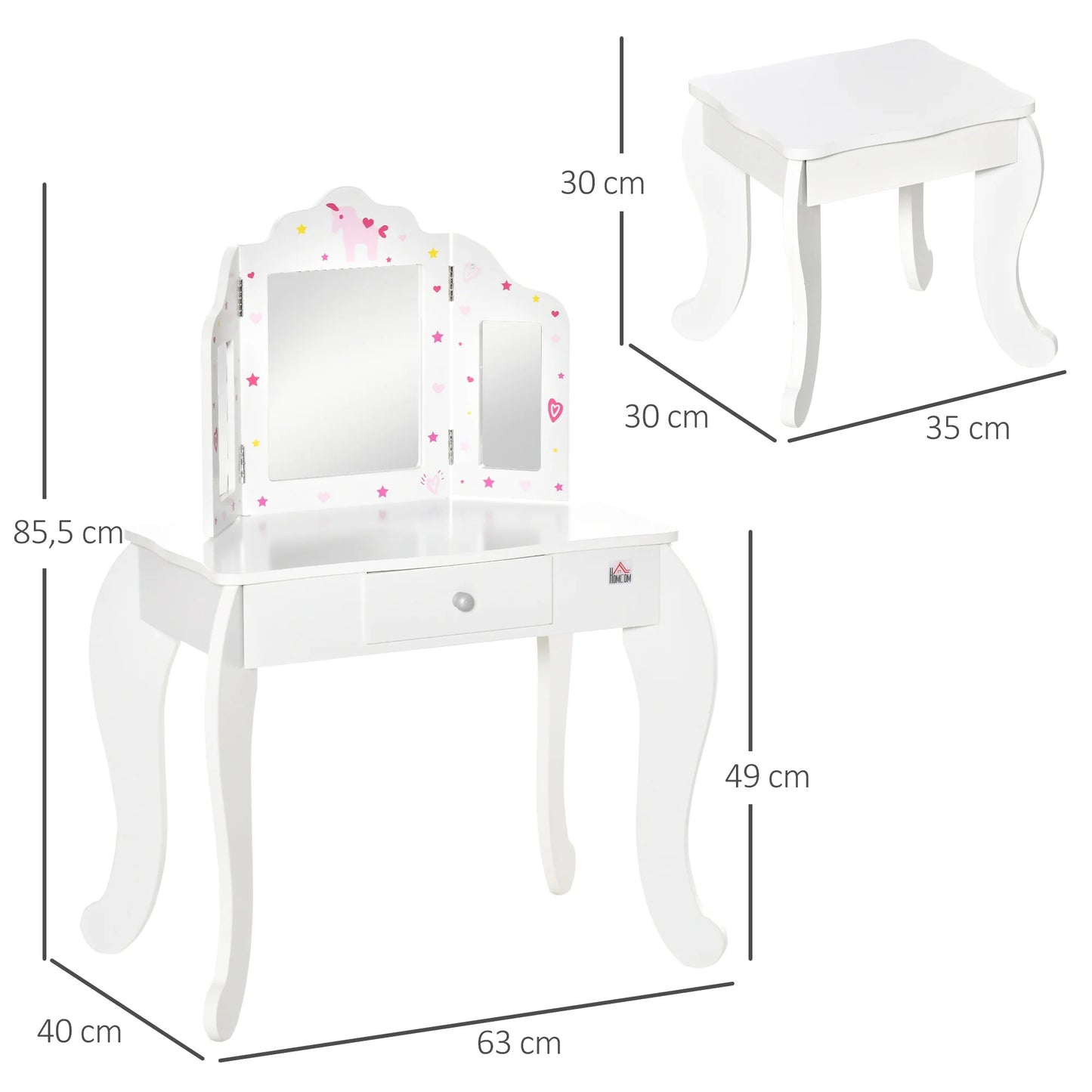 Homcom Wooden Children's Dressing Table with Mirror Stool Drawer Makeup Table Pink