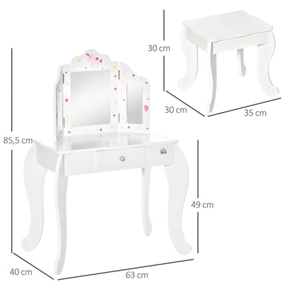 Homcom Wooden Children's Dressing Table with Mirror Stool Drawer Makeup Table Pink