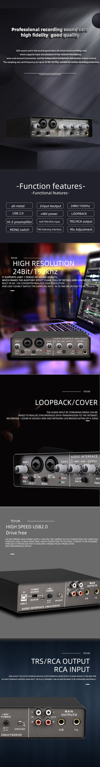 TEYUN Q-24 Q-22 Q-12 Professional Sound Card Audio Mixer Channel Monitoring Electric Guitar Live Recording For Studio Singing