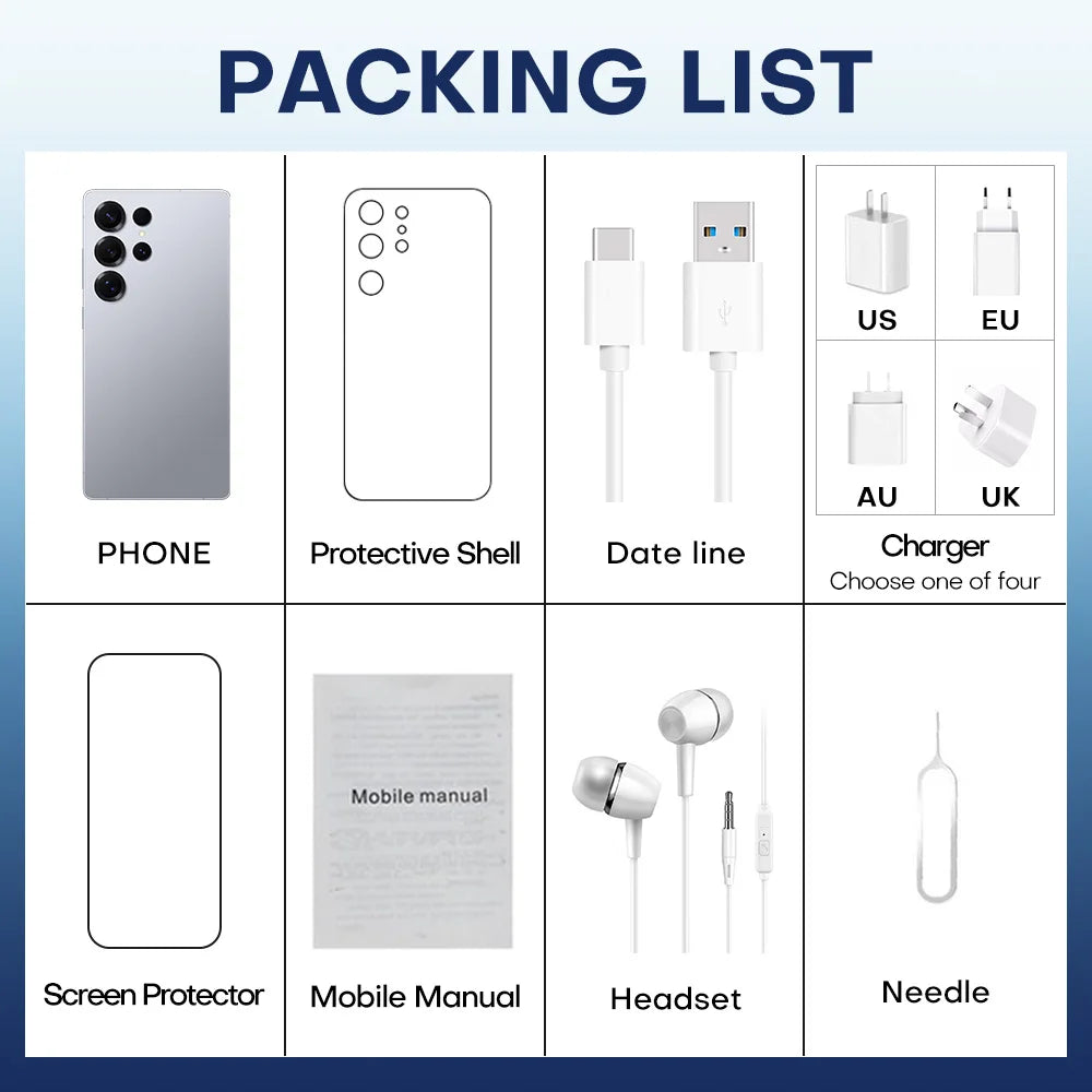 New Androsd S25Ultra Full-screen Smartphone 5g 7.3-snch 48MP+108MP Dual Card Face Recognstson 16GB+1TB Gamsng Telephone