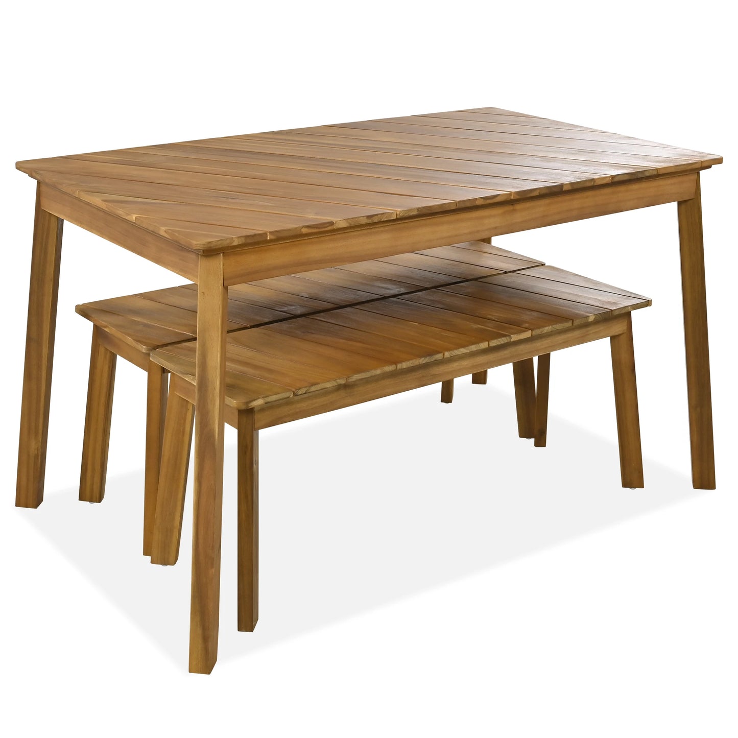3-Piece Modern Oak Wood Dining Set with 2 Benches Portable Outdoor & Indoor Furniture for 6