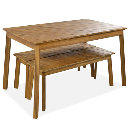 3-Piece Modern Oak Wood Dining Set with 2 Benches Portable Outdoor & Indoor Furniture for 6