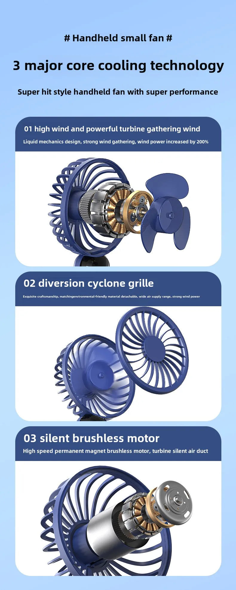 USB Portable 6-Speed Digital Display Fan Mini Handheld Large Wind Silent Desktop Cooling Gift Foldable for Household Car Use