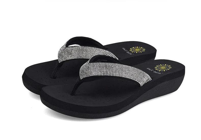 Best Selling Womens Slides Quality Rhinestone Slope Heel Flip-flops Non-slip Elastic Insoles Korean Fashion Summer Sandals