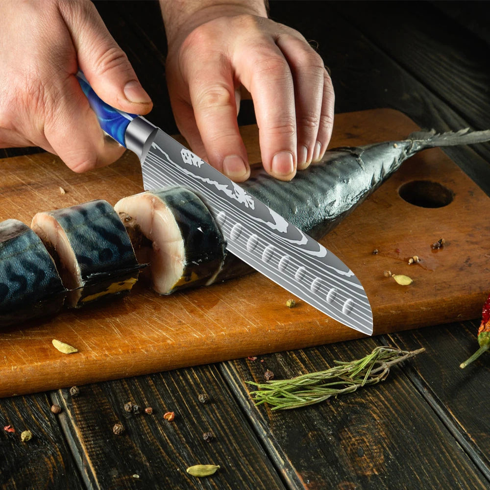 Ultra Sharp 7 Inch Santoku Knife Stainless Steel Blade Japanese Chef Knife with Colorful Resin Handle,Gift Box for Family