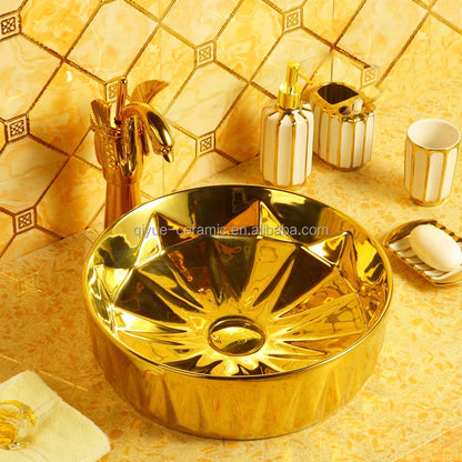 Hot Sale Golden Plated Hand Wash Basin Round Bathroom Gold Ceramic Sink for Home